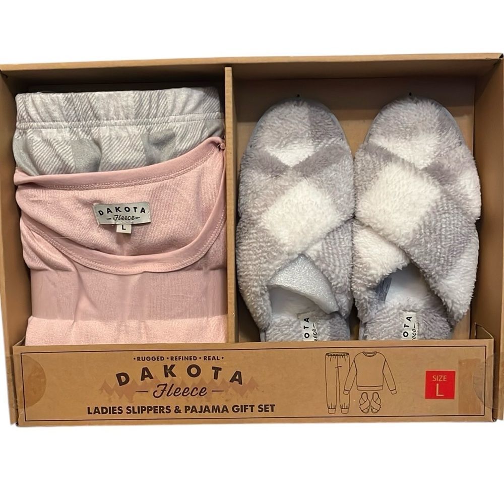 Dakota Fleece Slippers Pajamas Set Pink Grey Soft Plaid Women’s L NEW Gift